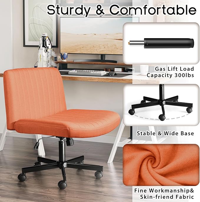 PUKAMI Criss Cross Chair with Wheels,Fabric Padded Armless Cross Legged Office Desk Chair for Home Office,Modern Swivel Height Adjustable Wide Seat,Brown
