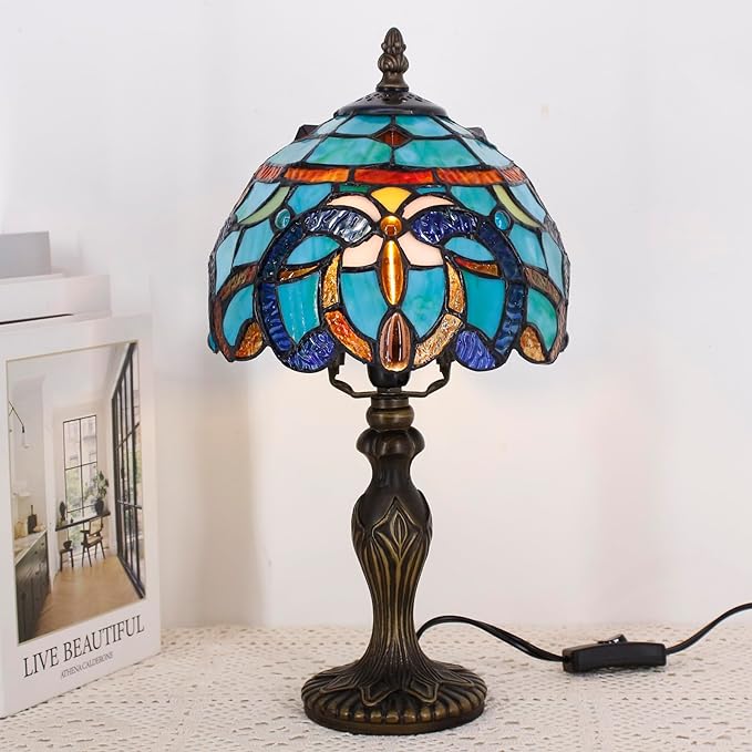 Small Tiffany Lamp Stained Glass Table Lamp Mini Desk Accent Light for Bedroom Bedside Reading Home Antique Style Decor 8X15 Inches (Brown Jewelry Baroque)