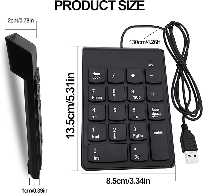 USB Numeric Keypad Wired Number Pad Portable USB Numpad 18 Key Number Keyboard for Laptop, PC, Computer, Desktop- Black