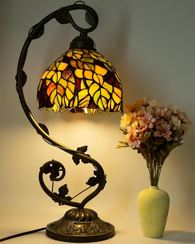 Tiffany Lamp,21x11x8 inches Stained Glass Lamp,Leaves Tiffany Style Table Lamp with Three-Color Dimming for Bedside Table,Dining Table,Antique Office