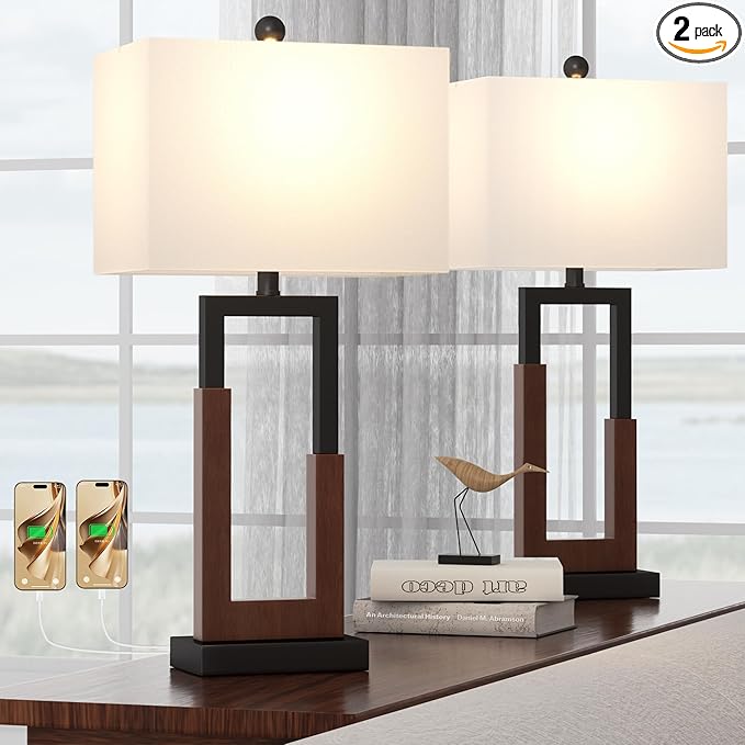 Maxax 30" Farmhouse Table Lamps Set of 2 for Living Room, Modern Black Bedside Lamps with USB & Type-C Port, 3-Way Dimmable Wood Bedroom Lamp with White Rectangular Lampshade for Nightstand