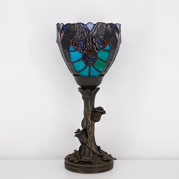 Small Tiffany Lamp Mini Stained Glass Table Lamp Green Liaison Accent Desk Uplight W6 H13.5 Inch Bronze Resin Base
