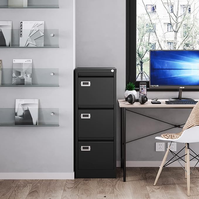 Metal Vertical File Storage Cabinet, 3 Drawer File Cabinet with Lock, 18" Deep Vertical Filing Cabinets for A4 Legal/Letter Size, Assembly Required (3 Drawer - Black)