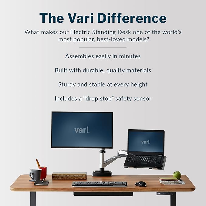 Vari Classic Electric Standing Desk - VariDesk Height Adjustable Sit/Stand Desk - Dual Motor with Memory Presets, Stable T-Style Legs - Gaming or Home Office Workstation - 60”x30”, Butcher Block