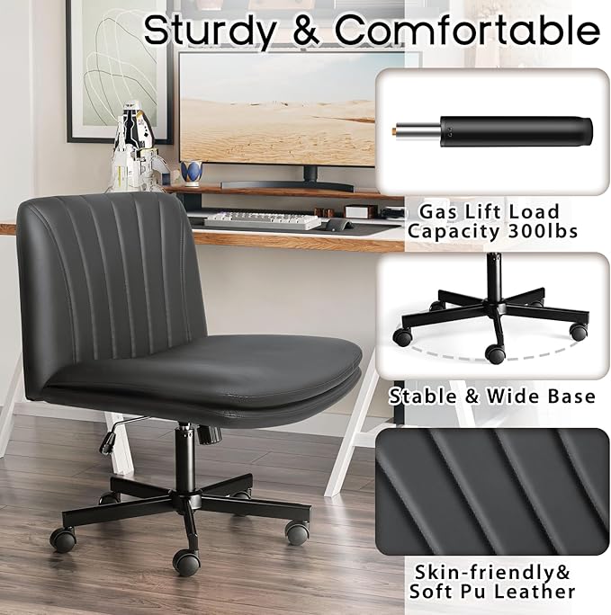 PUKAMI Criss Cross Chair with Wheels,PU Leather Armless Cross Legged Office Desk Chair for Home Office,Modern Swivel Height Adjustable Wide Seat,Grey