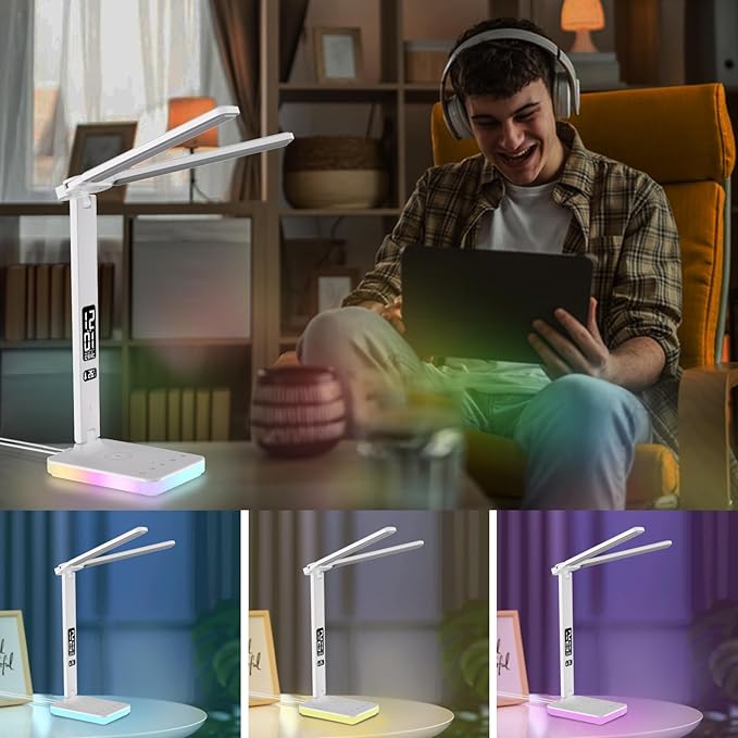 LED Desk Lamp with Wireless Charger, USB Charging Port, Dual Swing Arm Desk Light with 5 Brightness, 3 Colors, Table Lamp with Clock, Alarm, Date, Temperature, Desk Lamp for Home Office Study (White)