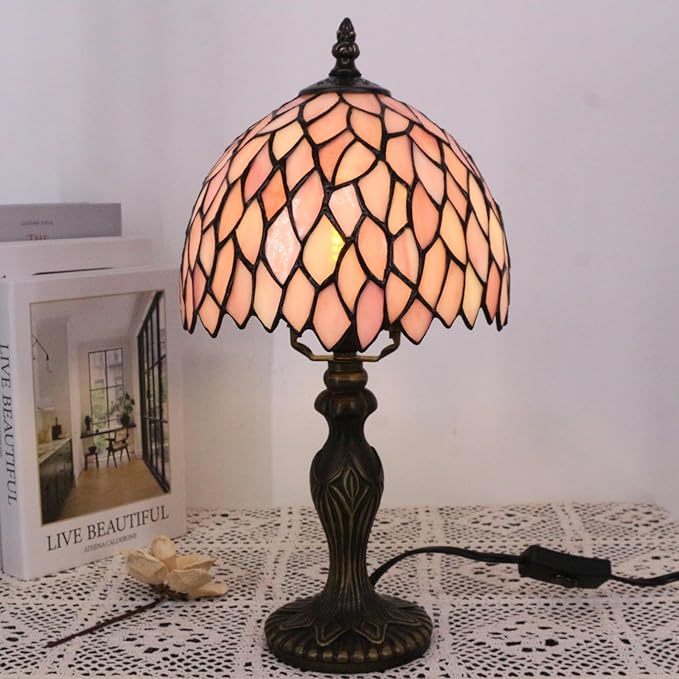 Small Tiffany Lamp Stained Glass Table Lamp Mini Desk Accent Light for Bedroom Bedside Reading Home Antique Style Decor 8X15 Inches (Pink Wisteria)