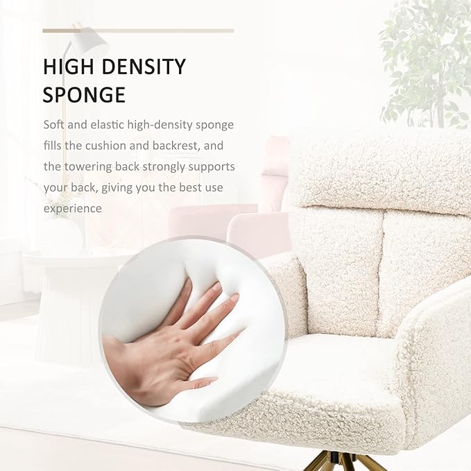 Teddy Office Desk Chair No Wheels, Modern Vanity Chair with Gold Legs, Boucle Accent Chair, Wide Seat Computer Task Reading Armchair for Home Office (Beige)