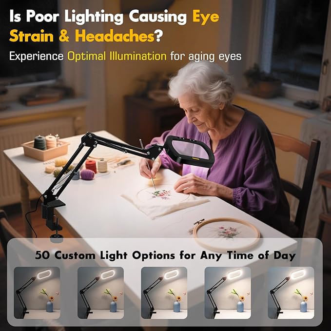 Magnifying Glass with Light Square Magnifier Desk Lamp 10X Close Up Work for Desktop Bench Crafting, Reading, Sewing, Ultra Stable Swing Arm, 5 Color Modes Design Rectangle Head