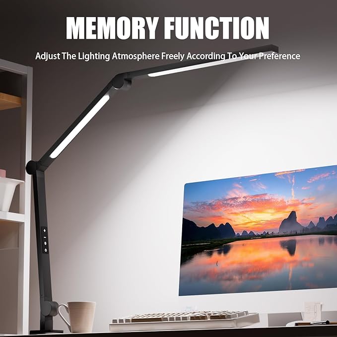 LED Desk Lamp with Clamp, Architect Desk Lamp with Dual Light & Adjustable Flexible Swing Arm, 5 Color Mode & Brightness, Eye Caring Table Light with Memory Function for Home Office Painting Drafting