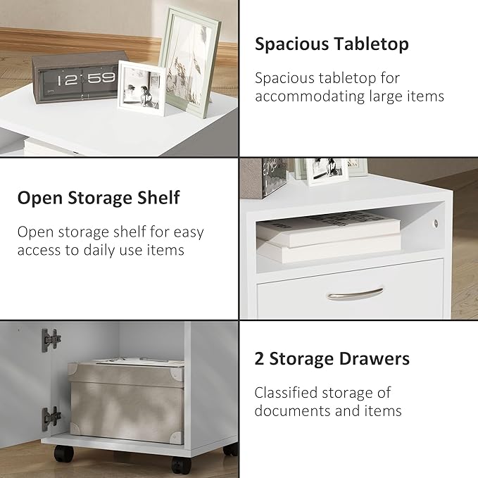 HOMCOM Mobile Storage Cabinet Organizer with Drawer and Cabinet, Printer Stand with Castors, White