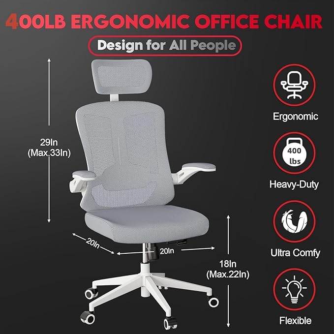 Ergonomic Office Chair - 400LB Comfy Desk Chairs with Headrest and Back Support, Heavy Duty Mesh Computer Chair with Wheels and Arms for Home Office, Study, Bedroom and College Dorm (Grey)
