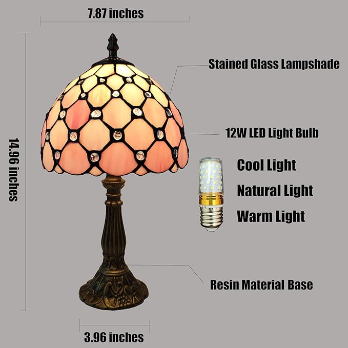 Tiffany Table Lamp 3-Way Light Handmade Bedside Lamp Small Desk Night Lamp Stained Glass Antique for Home Office Bedroom Living Room Study Room (Pink Pearls Style)