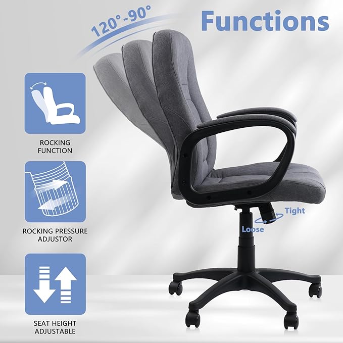 CLATINA Grey Cloth Breathable Fabric Office Desk Chair, Adjustable Height Mid Back Support Swivel Chairs Ergonomic with Arms and Wheels Comfortable Upholstered,300 LBS,Set of 2