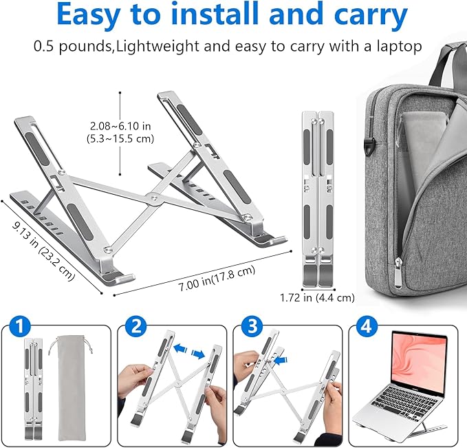 Laptop Stand for Desk, Aluminum Metal MacBook Stand,Computer Riser for Desk, Portable Foldable Adjustable Notebook Holder, Compatible with 10-15.6 Inch Laptops, iPad, Silver.