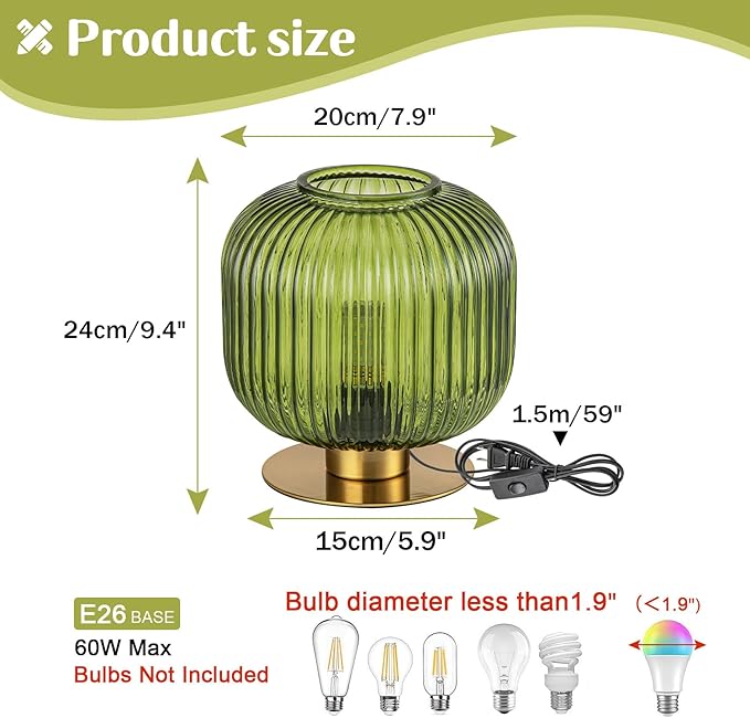Green Table Lamp Glass Table Lamps Mid Century Modern Table Lamp Gold Bedside Lamp Vintage Nightstand Lamp with Ribbed Globe Shade Brass Desk Lamp Small Side Table Lamps for Bedroom Living Room