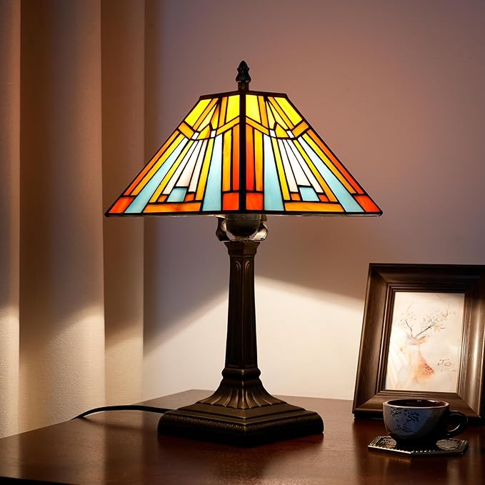 Tiffany Table Lamp Amber Brown Stained Glass Lamp Mission Style Antique Desk Beside Reading Lamp for Office Home Living Room Bedroom