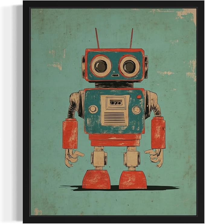 Robot Pop Art Poster Print, Vintage Retro Wall Art Decor Paintings Classic Artwork for Bedroom Living Room Decorations. 43 (Robot, 24 x 36 inches, Black Frame)