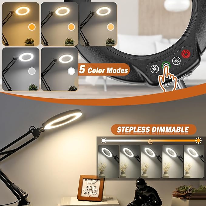 Veemagni 10X Magnifying Glass with Light and Stand, 5 Color Modes Stepless Dimmable 2-in-1 Desk Lamp & Clamp, LED Lighted Magnifier with Light, Hands Free for Repair Craft Hobby Close Work