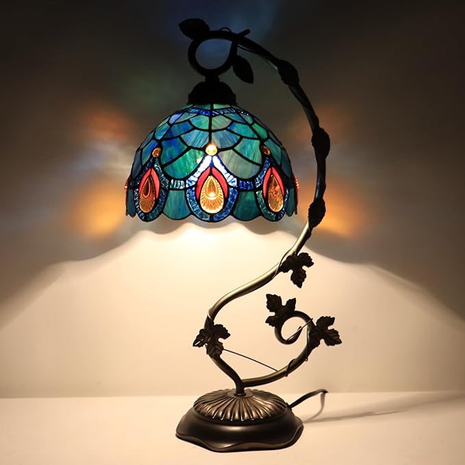 Tiffany Table Lamp, Stained Glass Desk Reading Light,Metal Leaf Table Lamp Base 8X10X21 Inches (Brown Crystal)