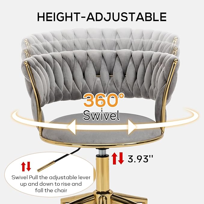 NIOIIKIT Velvet Office Desk Chair with Hand Woven Backrest, 360° Swivel & Height Adjustable Task Chairs, Makeup Chair, Living Room Chairs with Stainless Base and 5 Wheels (Grey)