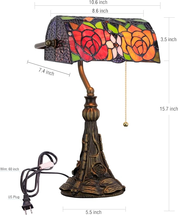Tiffany Banker Lamp Small Stained Glass Table Lamp Tiffany Style Piano Light Yellow Red Rose Style Desk Lamp Angle Adjustable 10.6X15.7Inch for Home Office Living Room Bedroom
