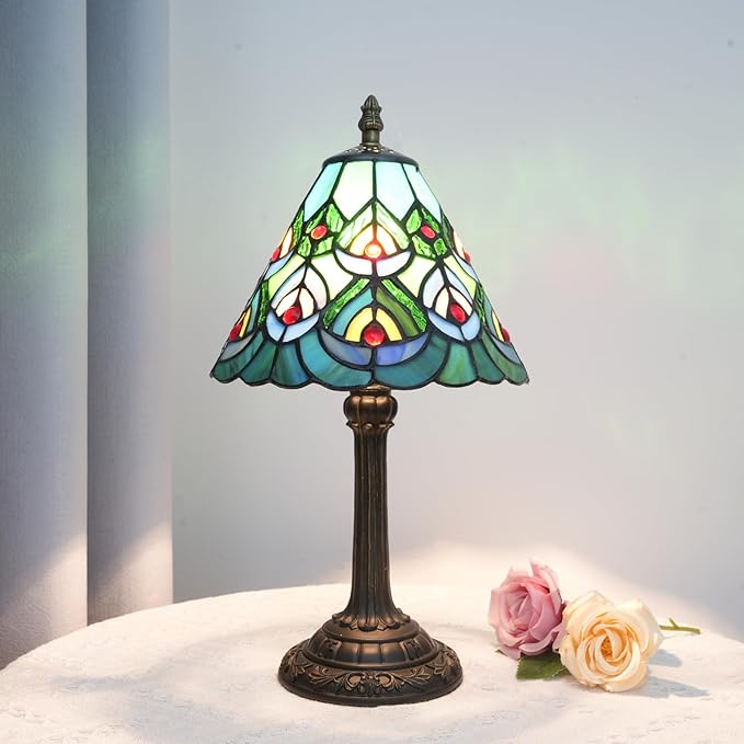Green Peacock Decor Small Tiffany Style Table Lamp Antique Stained Glass Lamps Vintage Bedroom Bedside Reading Light Living Room Hotel Bar Kitchen Home Red Glass Bead Cute Accent Night Light 8 Inch
