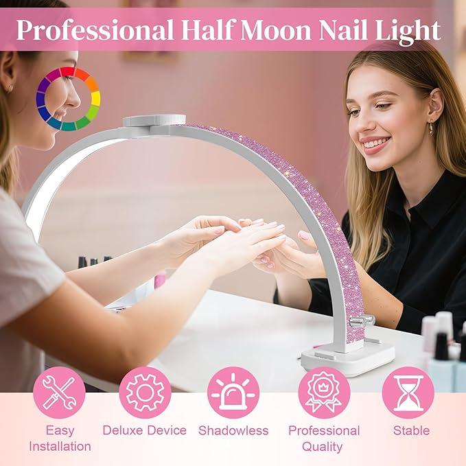 Half Moon Light for Nail Desk 31inch Half Moon Lamp Portable Ring Light for Eyelash Extensions,Suitable for Nail Beauty Crafts Sculpture Brightness Adjustable