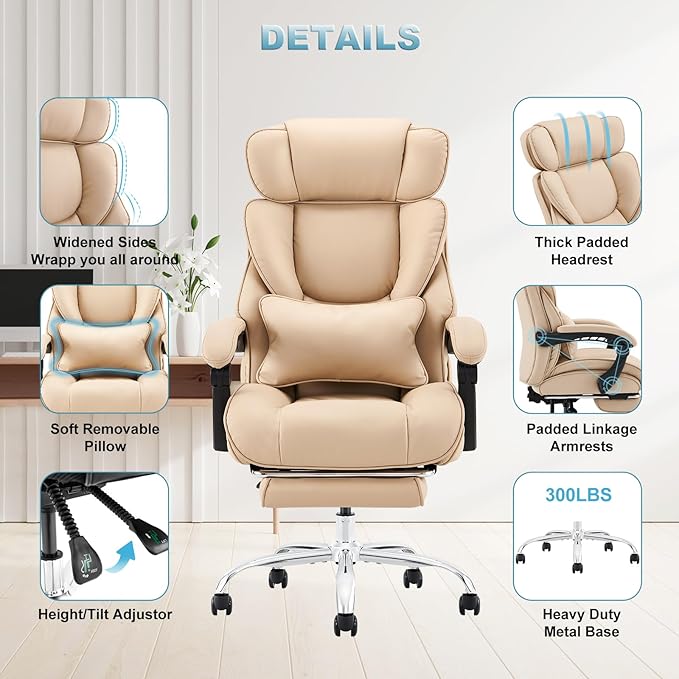 COLAMY Office Chair with Retractable Footrest, Ergonomic High Back Design Executive Computer Desk Chair with Removable Lumbar Pillow, 90-135°Reclining, Thick Bonded Leather, 2 PCs, Khaki