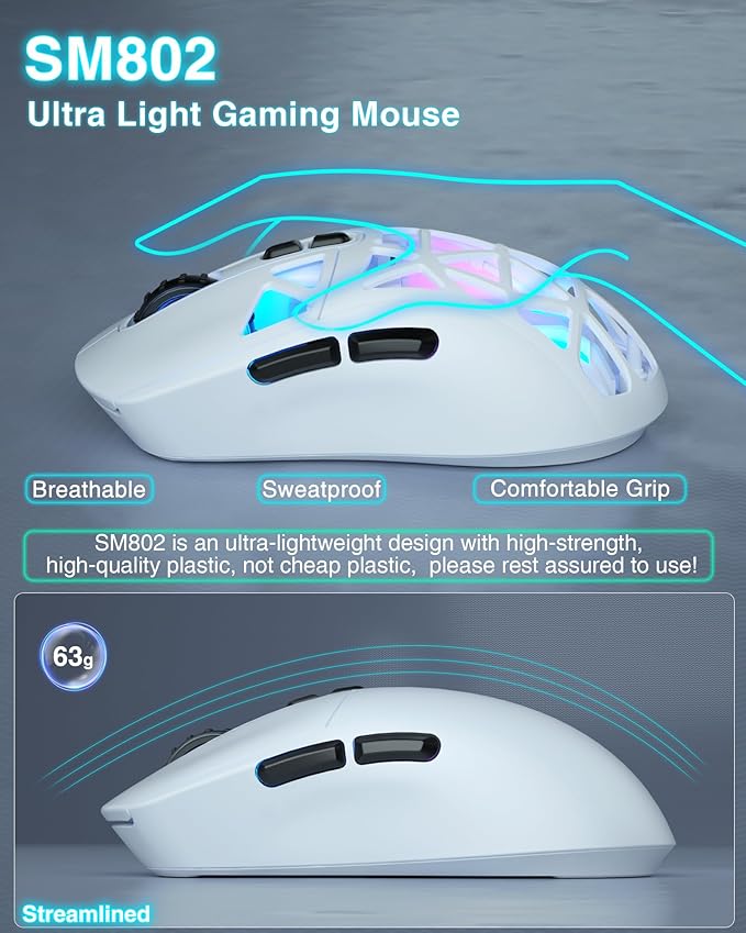 SOLAKAKA SM802 White Wireless Gaming Mouse,10000 DPI,Tri-Mode Wired/BT 5.0/2.4GHz Wireless Mouse Gaming with Side Button,RGB Programmable Macro Mouse for Laptop