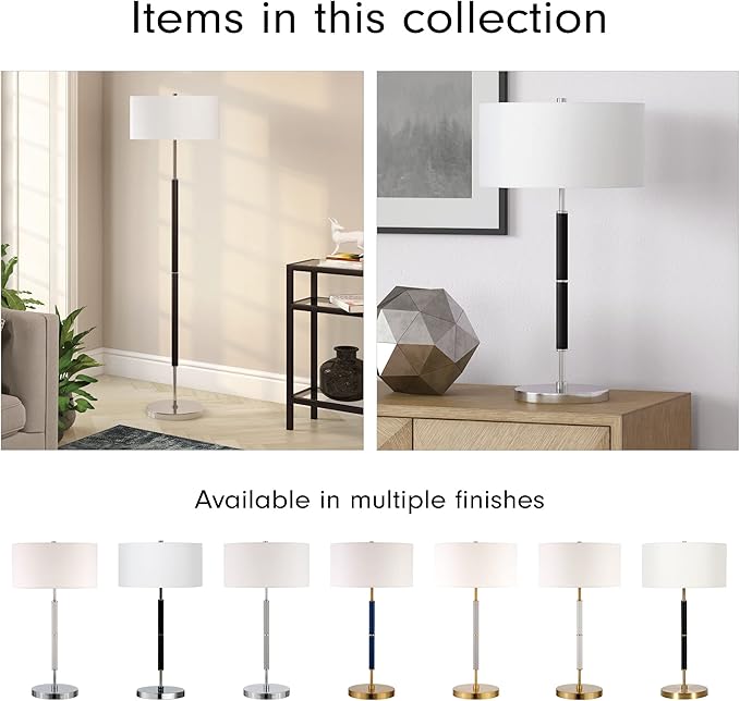 Henn&Hart 2-Light Floor Lamp with Fabric Shade in Matte Black/Polished Nickel/White, Floor Lamp for Home Office, Bedroom, Living Room
