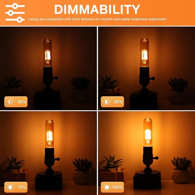 ToBeGreat T30 Light Bulbs 4 Watt Equivalent 40W Bulb E26 Tubular Bulbs T10 LED Bulb Warm White 2200K,Desk Lamp,Bedbroom Bathroom Dimmable,Chandelier (Amber, 5 in (6pack))