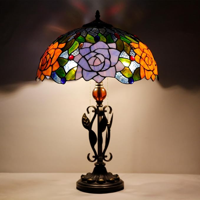 Tiffany Table Lamp Yellow Red Rose Flower Stained Glass Desk Reading Light 16X16X24 Inch Metal Leaf Base for Bedroom Living Room Home Office