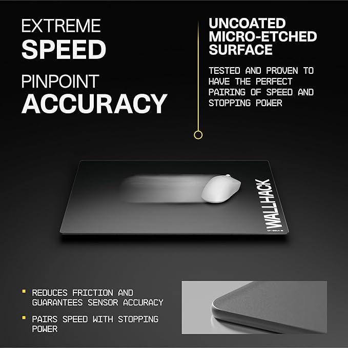Wallhack SP-004A Black Glass Gaming Mouse Pad – 4th Gen Micro-Etched Surface, Medium Mousepad for Esports, Ultra-Fast Glide with Stopping Power, Tempered Glass, Durable & Portable, 15.4"x17.7" | Black