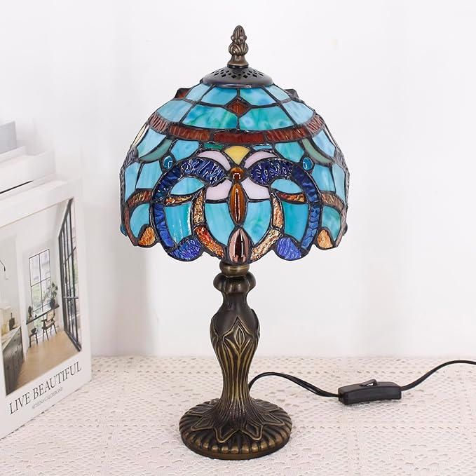 Small Tiffany Lamp Stained Glass Table Lamp Mini Desk Accent Light for Bedroom Bedside Reading Home Antique Style Decor 8X15 Inches (Brown Jewelry Baroque)