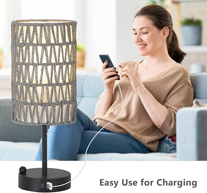 Touch Bedside Lamp For Bedroom with Bulb, Grey Boho Small Table Lamp For Living Room With Rattan & Linen Shade, 3 Way Dimmable Table Lamp For Nightstand With USB Charging Port & Phone Stand For Office