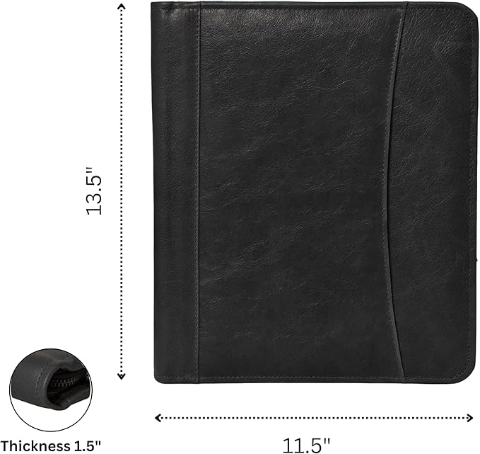 Leather Business Portfolio Padfolio Document Organizer with Writing Pad Resume Professional Interview Zipper Writing Notepad Folder for Men Women (Black)