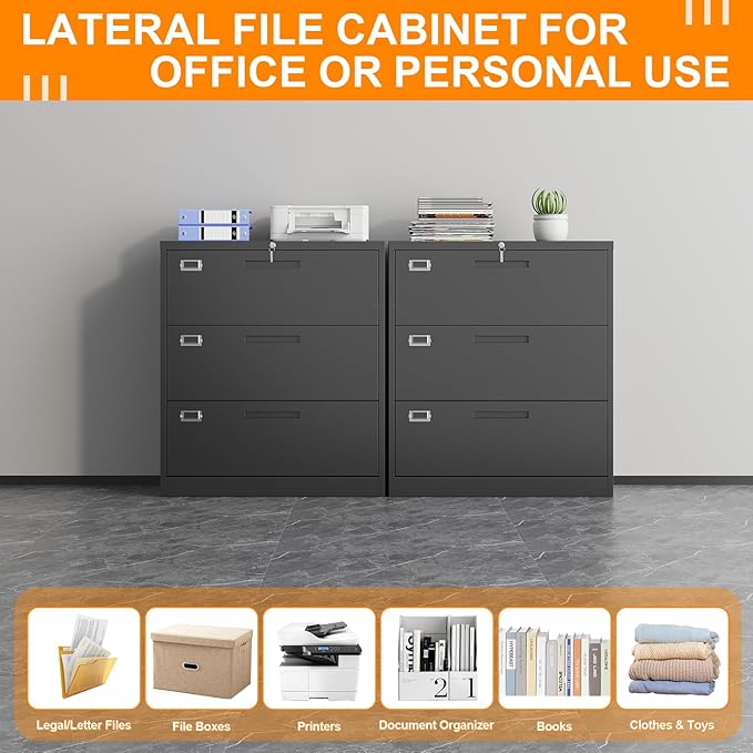 Lateral File Cabinet, Metal Filing Cabinet with Lock, 3 Drawer File Cabinets for Home Office, Office Cabinet for Hanging Files Letter/Legal/F4/A4, Assembly Required, Black