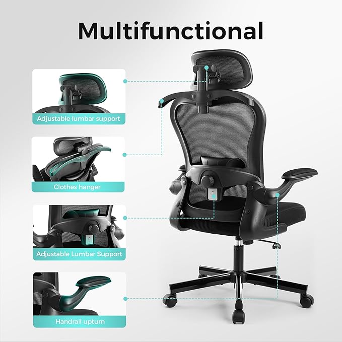 ALPHA HOME Ergonomic Office Chair with Massage Function&Coat Hunger, High-Back Mesh Computer Chair with Lumbar Support, Adjustable Height&Headrest&Flip-up Armrest, 360° Swivel Wheels, SGS Certified