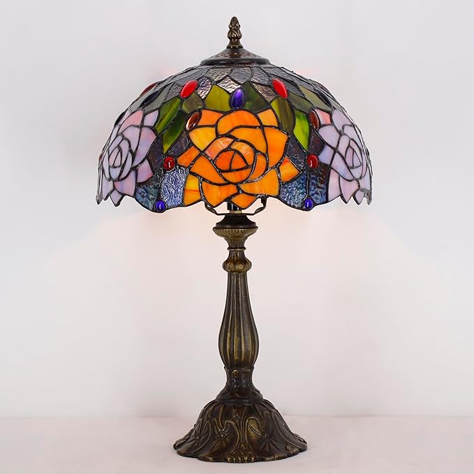 Tiffany Lamp Touch Control Table Lamp Orange Purple Stained Glass Desk Lamp 12X12X19 Inches Rose Flower Style Reading Light