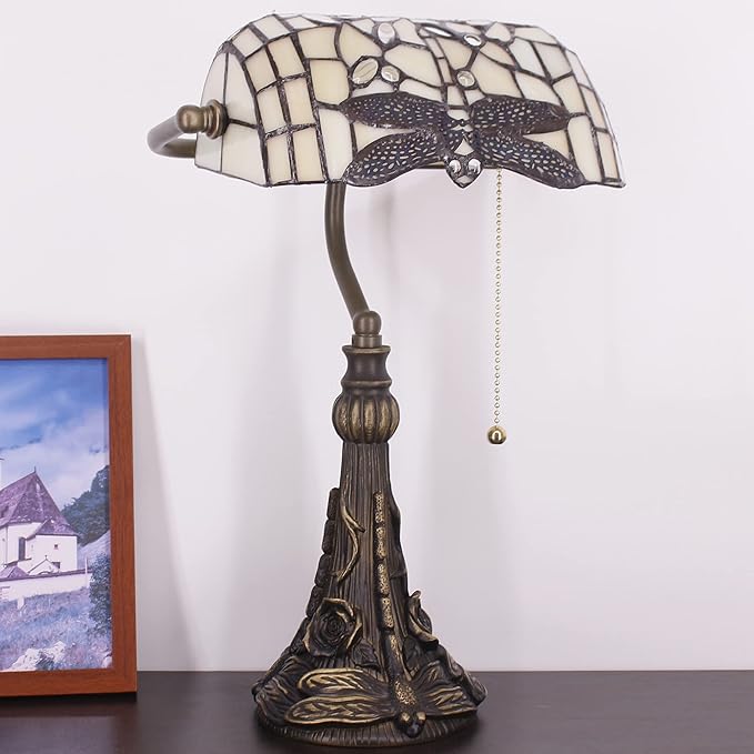 Tiffany Banker Lamp Small Stained Glass Table Lamp Tiffany Style Piano Light Cream Dragonfly Style Desk Lamp Angle Adjustable 10.6X15.7 Inch for Home Office Living Room Bedroom