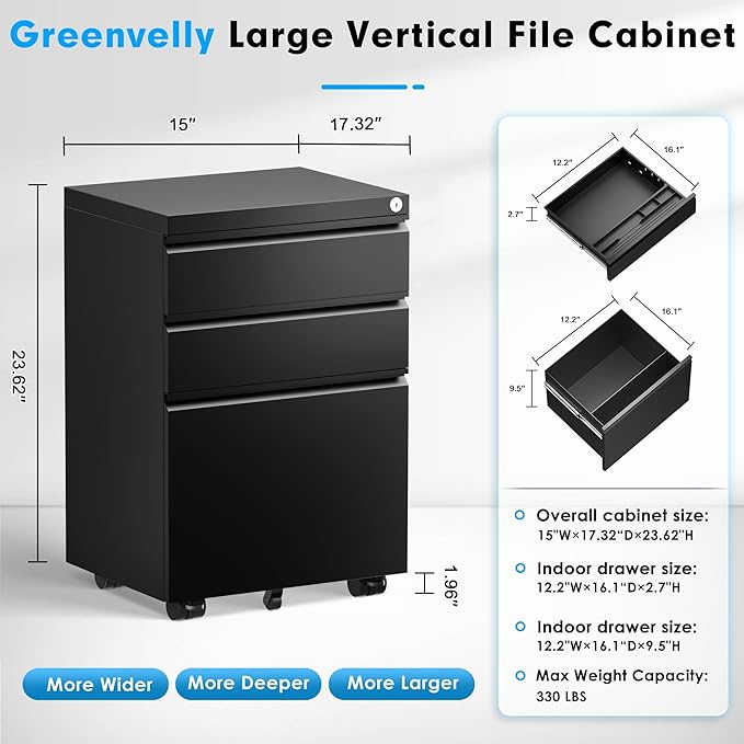 Greenvelly Mobile File Cabinet, 3 Drawer Metal Filing Cabinet on Wheels, Under Desk File Cabinet for Home Office Organizer Letter/Legal/A4 File (Black)