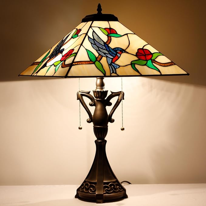 Tiffany Table Lamp Stained Glass Amber Hummingbird Square Geometric Mission Style Desk Reading Light 16X16X24 Inch for Bedroom Living Room Home Office