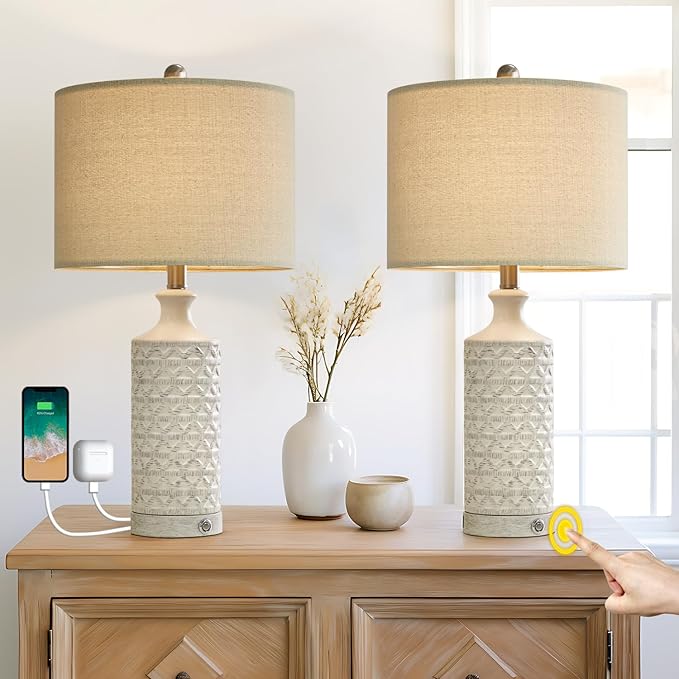 PoKat 24" Modern Contemporary Ceramic Lamp Set of 2 for Living Room White Desk Decor Lamps for Bedroom Farmhouse Bedside Nightstand End Table Lamps, White and Grey