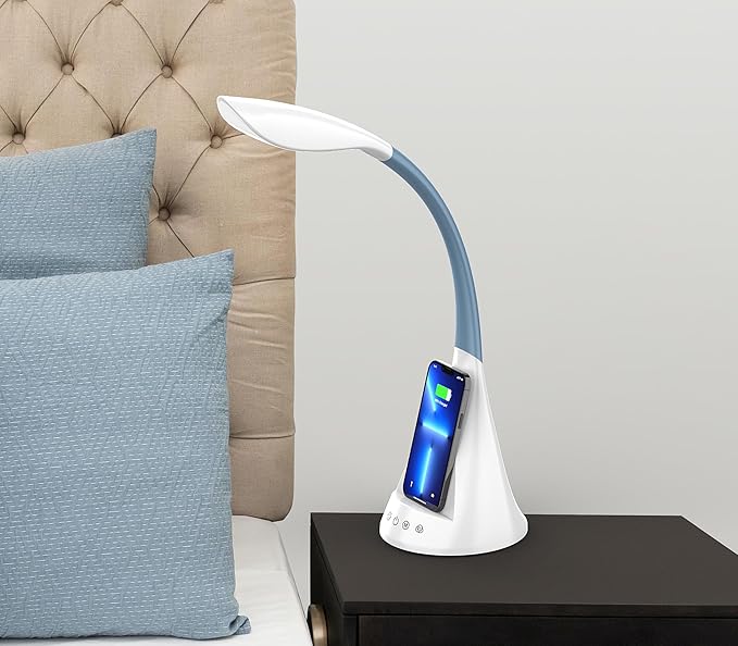 LED Desk Lamp with Wireless Charger, Modern Eye-Caring Dimmable Light for Home Office & College Dorm with 3 Color Modes, 5 Brightness, Touch Control, Adjustable Gooseneck, RGB & Night Light, White