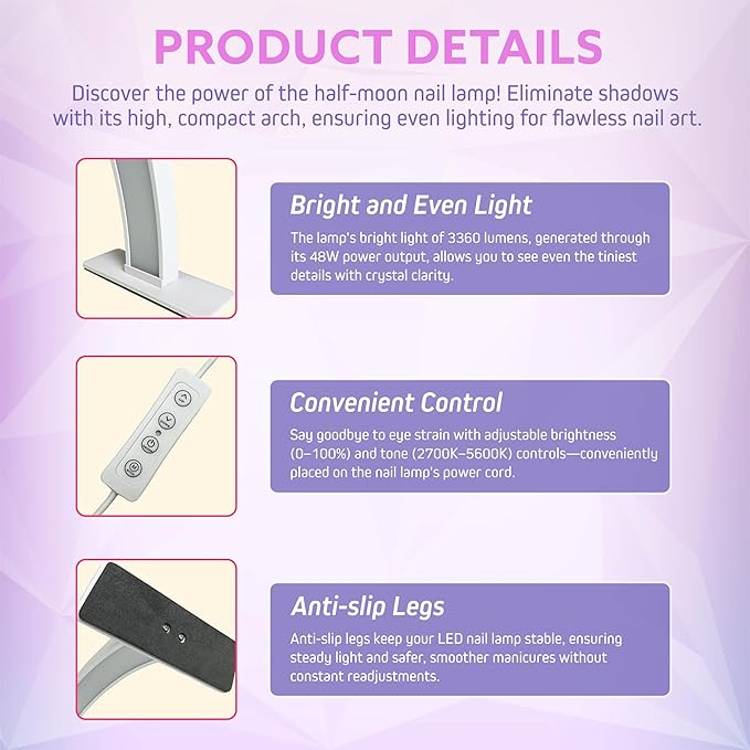 Half Moon Nail Desk Lamp – 3360 Lumen LED Light for Nail Techs, Tattoo & Lash Work, Moon Light for Desk – Sleek White Design, Button Control