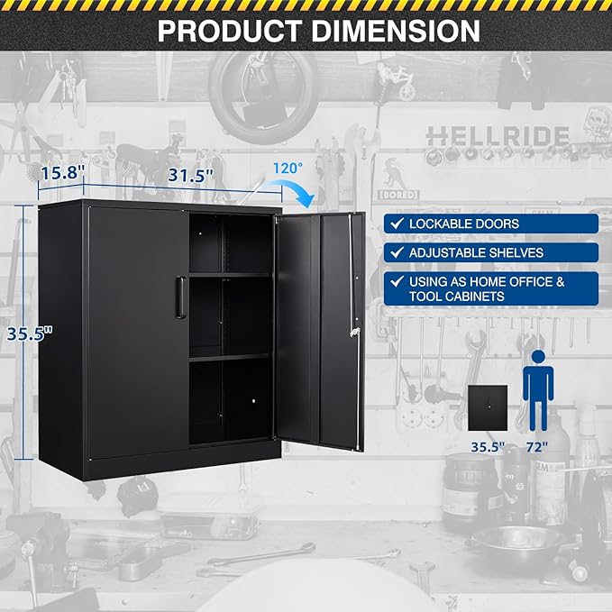Metal Storage Cabinet-36” Tall Steel File Cabinets with Lockable Doors and Adjustable Shelves-Black Steel Storage Cabinet for Home, School, Office, Garage