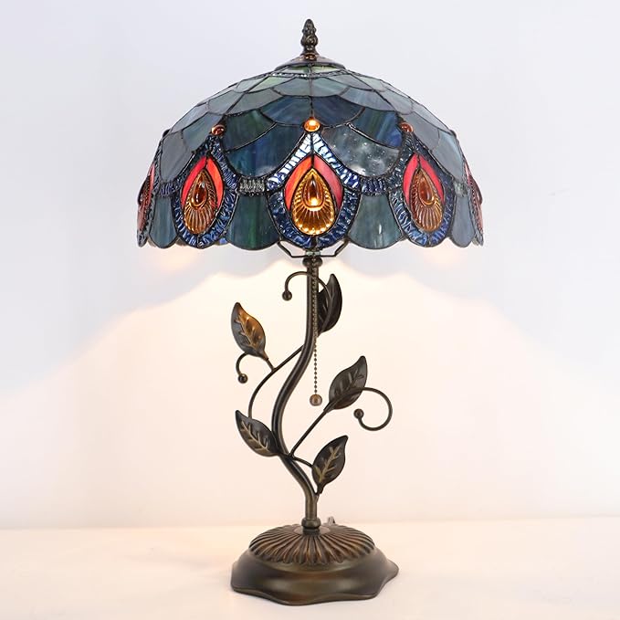 Tiffany Table Lamp, Stained Glass Style Desk Lamp, 12X12X19 Inch,Bedside Reading Light, Metal Leaf Base(Brown Crystal)
