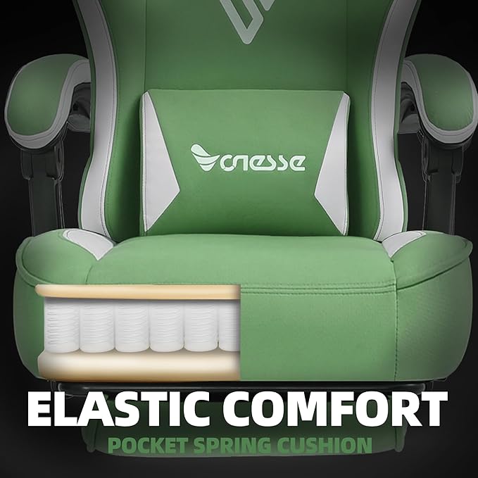 Vonesse Gaming Chair, Computer Chair Fabric with Pocket Spring Cushion, Office Chair with Footrest and Massage Lumbar Support, Reclining Gaming Chairs for Adults 250LBS (Green)