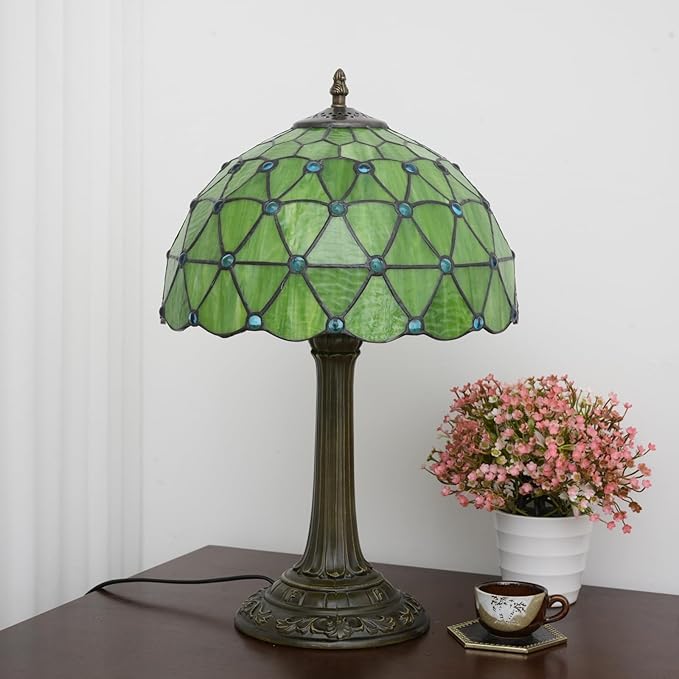 Green Tiffany Lamp For Bedrooms Bedside Stained Glass Table Lamp Farmhouse Lamps Night Stands Retro Traditional Nightstand Desk Decor Blue Beads Side Living Room End Desk Reding Lighting 12x12x19 Inch